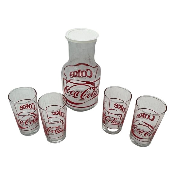 Libby St Clair Coca-Cola Glass Decanter and 4 Glasses 1987 Vintage New - Picture 4 of 16